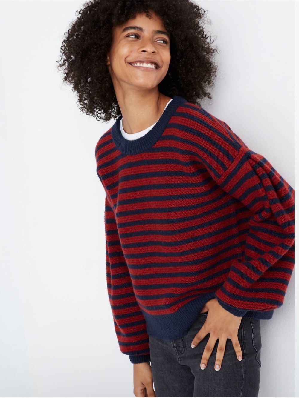 Madewell Striped Grady Balloon Sleeve Sweater in Dark Nightfall